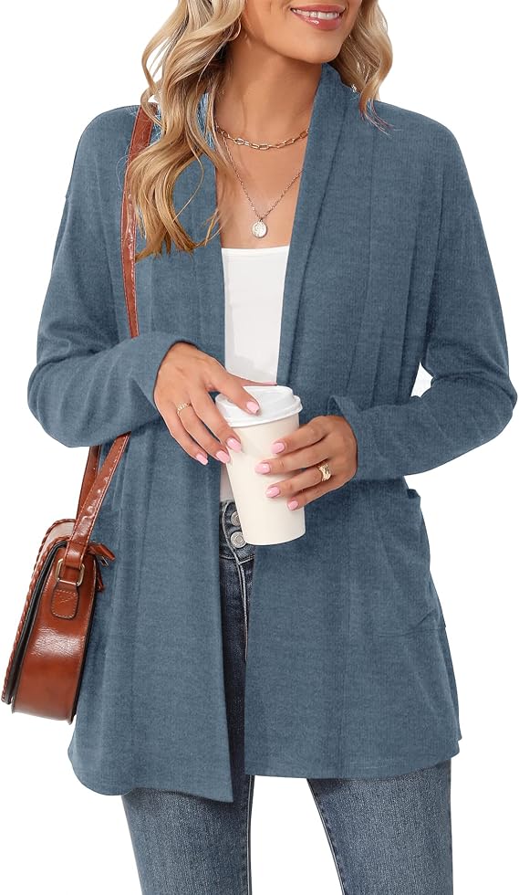 Micoson Women's Long Sleeve Open Front Cardigan Casual Loose Lightweight Cardigans with Pockets