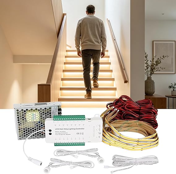 Under Stair LED Step Lights Motion Sensor Activated Cascading Stair Lighting Kit with Cuttable COB LED Strip Wired Controller for 10-16 Steps Indoor Undermount Stairway Light for Home Renovation