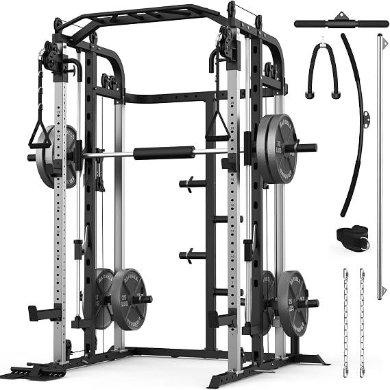 Smith Machine with 140 Lbs Cast Iron Weight Plates Home Gym, Squat Rack with LAT Pull Down System, Power Cage with Smith Bar, Black