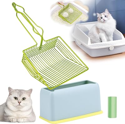 DHXYZZB Cat Litter Scoop with Holder, Metal Cat Litter Scoop Deep Shovel Kitty Poop Scooper Stand for Litter Box, Fast Sifting Non-Stick Cat Poop Sifting with Container to Store cat Scooper