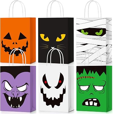 TaoBary 24 Pcs Halloween Treat Bags Halloween Paper Gift Bags with Handles Candy Bags Goodie Bags for Holiday Treats Snacks Kids Halloween Party Favors Supplies Vivid Style