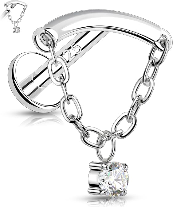 Melighting Sterling Silver 925 16G Cartilage Earring Internally Threaded Helix Earring Chain 16G Dangle 6/8 mm Tragus Piercing Jewelry Clear CZ Flat Back Earring