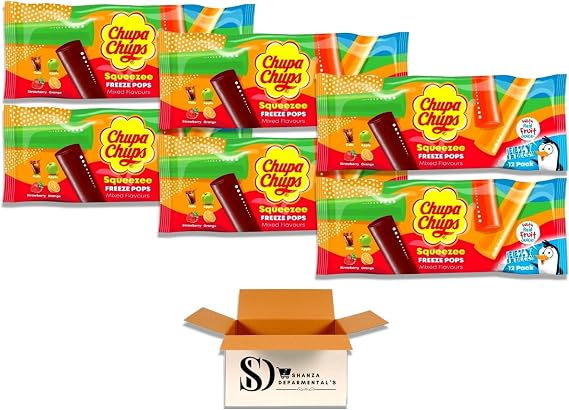 Assorted Fruit Flavoured Chupa Chups Squeezee Freeze Ice Pops 12 x 45ml (Pack of 6 – 72 Total Pops) – Ice Lollies with Real Fruit Juice & No Added Sugar – Cola, Apple, Strawberry, Orange