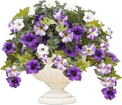 Daily Treasures 2Pack Artificial Hanging Flowers,24 Heads Silk Morning Glory Flowers Per Bouquet, Realistic Artificial Petunias for Garden Balcony Yard Porch Spring Summer Planter Decor Purple,White