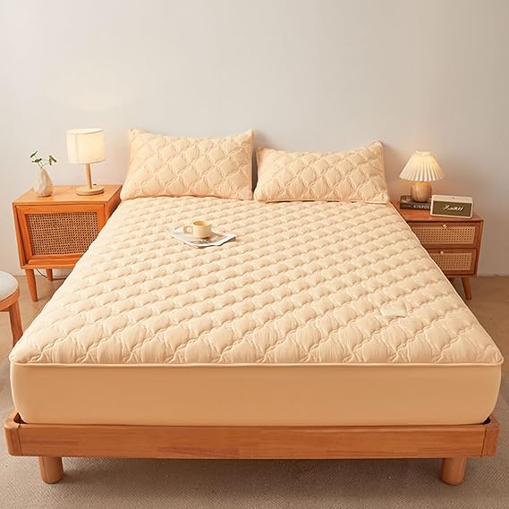 Cotton Fitted Sheet - Quilted Fitted Sheets Single/Double/Queen/King Bottom Bed Sheet Bedding Mattress Cover for Mattresses with A Height of 5-30Cm (Pillowcase:48X74cm,Khaki)