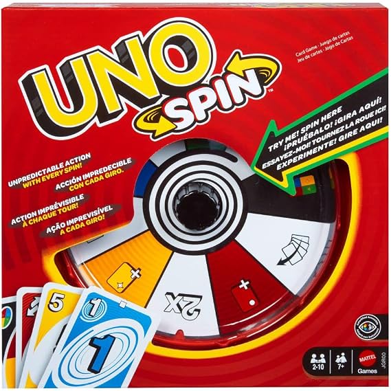Mattel Games UNO Spin Card Game, Ages 7+, 2-10 Players | Classic Play with Randomized Spinner, Challenges & Special Rules for Kids, Teens & Family Game Night