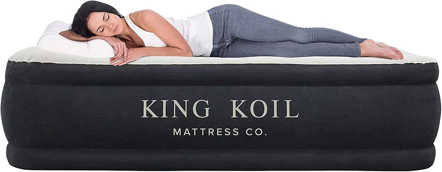 King Koil Full Size Plush Pillow Top Inflatable Air Mattress with Built-in Pump High-Speed Pump for Home, Camping, Guests, Luxury Double High Adjustable Blow Up Bed, Waterproof