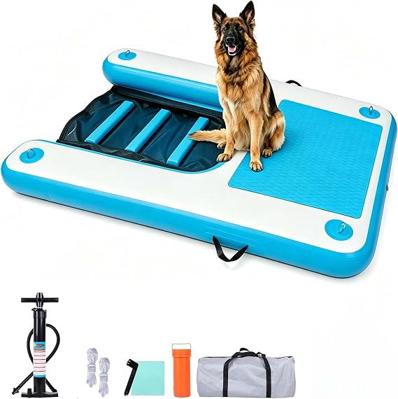 Inflatable Dog Boat Ramp, Floating Water Ladder for Dog, Supports 220 lbs, Includes Pump