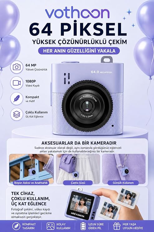 Mini Dijital Kamera 64MP 16x Digital Zoom Retro Vintage 1.4"Ekranlı Video Kamera Taşınabilir Tasarım Mavi