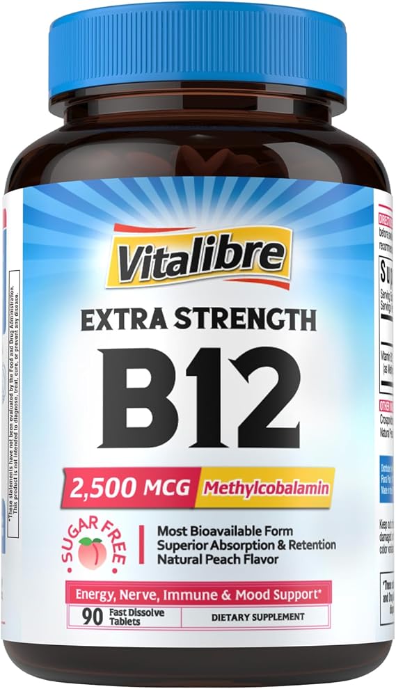 Vitalibre Vitamin B12 2500 mcg, Extra Strength Sublingual Methylcobalamin, Natural Peach Flavor, Nervous System, Energy Support, No Sugar, 90 Fast Dissolve Tablets