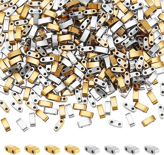 NBEADS 386 Pieces Half Tila Beads 5 x 2 mm Synthetic Hematite Tila Beads 2-Hole Seed Beads Mini Japanese Beads for Bracelet Necklace Earrings Jewellery Making Gold and Silver