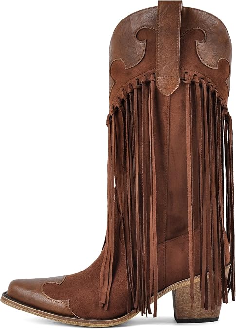 onlymaker Women's Mid-Calf Boots Fashion Cowboy Boot Chunky Heel Snip Toe with Fringe Patchwork Design
