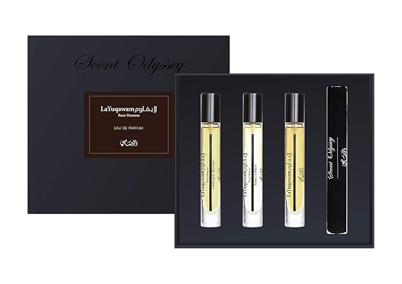 Rasasi Scent Odyssey - La Yuqawam for Men - 3 Pc Gift Set 0.25oz LaYuqawam Pour Homme EDP Spray, 0.25oz Ambergris Showers EDP Spray, 0.25oz Tobacco Blaze EDP Spray