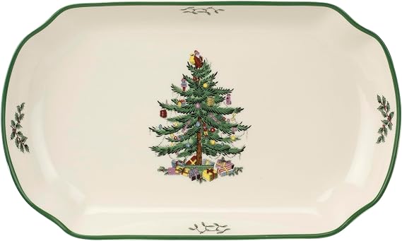 Spode Christmas Tree 11-Inch Rectangular Scalloped Tray, Stoneware Holiday Serving Platter for Appetizers, Fruits, Snacks, Desserts - Festive Tableware - Dishwasher, Microwave, Freezer Safe