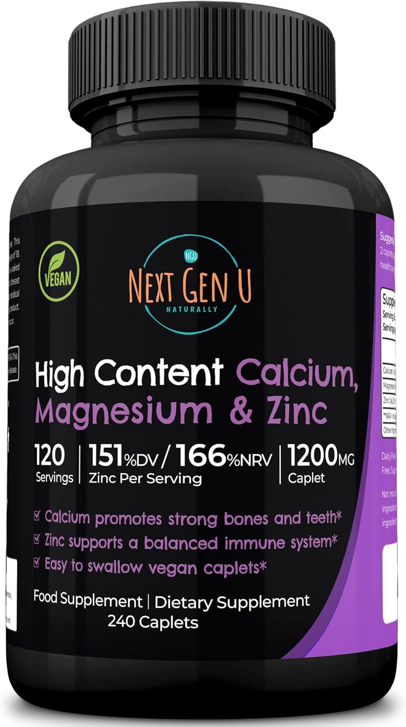 Calcium Magnesium Zinc - Essential Mineral Supplement - 240 Vegan Caplets - for Immune Support and Bone Strength - for Adults Women and Men - by NextGenU