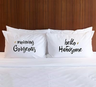 Pillowcases for Couples or Wedding Gift for Newlyweds, Good Morning, Gorgeous & Hello Handsome Pillowcases Gift Set 2 StandardQueen Pillowcases