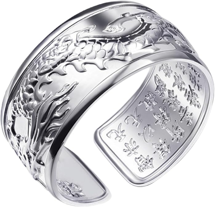 Silver Gold Plated Embossed Totem Flying Dragon Open Band Adjustable Ring for Men