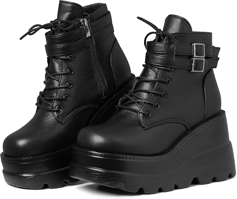 AMINUGAL Platform Ankle Boots for Women Zipper Closure High Heel Goth Round Toe Booties Lace Up Rave Boot Outdoor Dress Shoes with Chain for Date Vacation School Wear