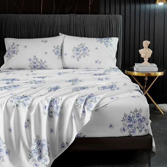 HYPREST Blue Floral Sheets Queen Size, up to 18 inch Deep Pocket, 4pc