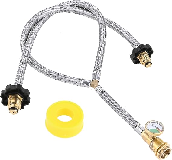 Y Type Splitter Propane Tank Converter Adapter Hose with Gauge | Stainless Braided Propane Hose POL/QCC1 Regulator Exit Connect to 5-100lbs Propane Tank for Heaters, Grills, Fire Pit