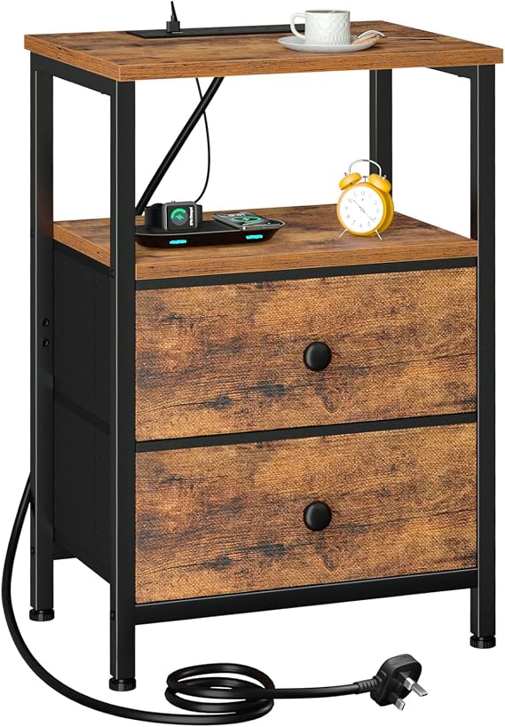 Bedside Table with Charging Station, Nightstand with 2 Fabric Drawers, Small Side Table with Open Storage Shelf, Bedside Cabinet, End Table for Living Room, Bedroom, Brown UHETS020BR-1 