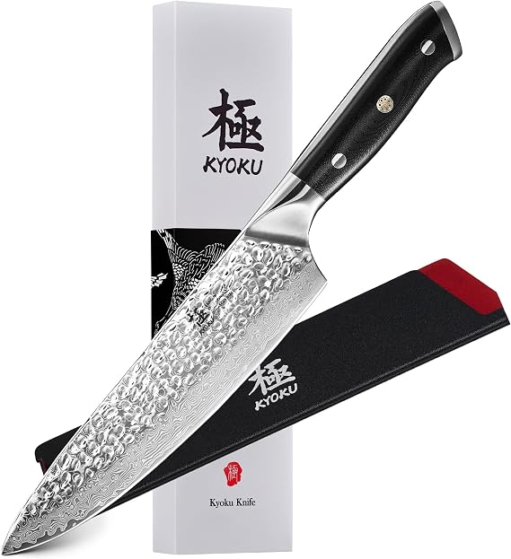 KYOKU Chef Knife - 8"- Shogun Series Japanese Style VG10 Steel Core Hammered Damascus Blade Kitchen Knife - with Sheath & Case