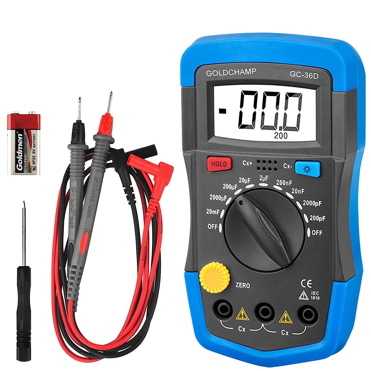 Digital Multimeter, Capacitance Meter 200pF-20mF, Meter Capacitor, Handheld Multimeter Tester with Multimeter, Manual Range Measurement Tool, Backlight, Data Hold