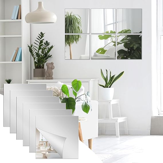 10 Pcs Flexible Mirror Sheets Self-Adhesive Mirrors 2mm Thickened 20 x 20cm Acrylic Mirror Full Length Wall Mirrors Plastic Mirror Tiles Non-Glass Mirror for Bathroom, Bedroom, Door etc