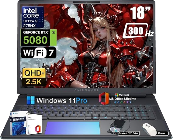Alienware 18 Area-51 Gaming Laptop Computer - Intel Ultra 9 275HX (24-Core, Up to 5.4GHz), RTX 5080 GDDR7, 18" 2.5K QHD+ 300Hz, w/DVD Drive, Win 11 Pro, Office Lifetime (32GB DDR5, 1TB SSD)