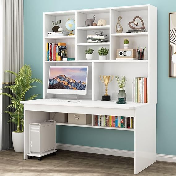 Computer Desk with Bookshelf for Small Space, Wood Writing Table/Workstation Teens Student Study Table Home Office Desk Computer Desk with Hutch(47 Inch, White)
