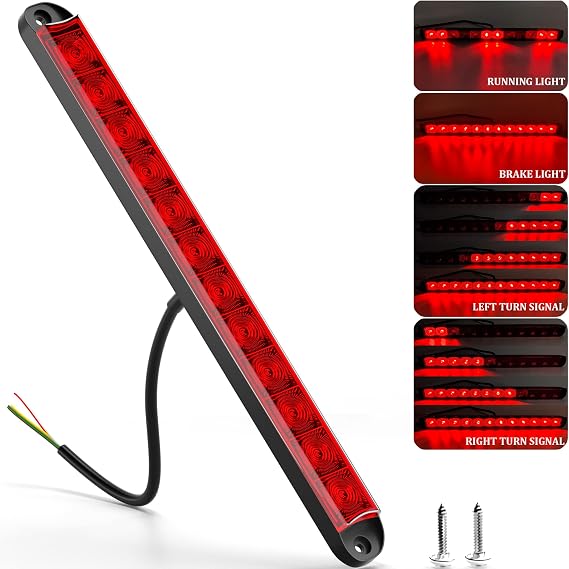 BJZ 16'' Trailer LED Lights Bar Red 12LED Brake Stop ID Left Right Turn Signal Light Tail Marker Rear Identification Light Strip Waterproof Led Lamp for 80'' Truck Trailer Bus Van RV ATV Offroad, 1Pcs
