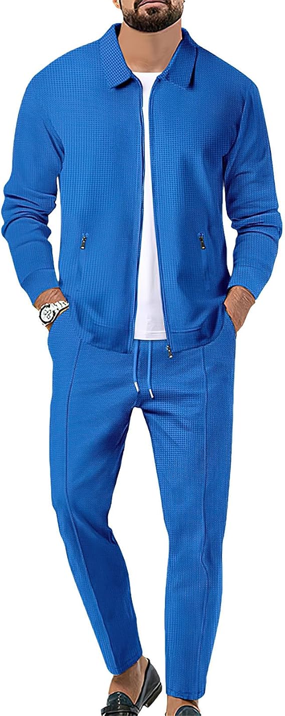 Men's Waffle Tracksuits Zip up Jacket Top & Jogging Trouser 2pcs Sweatsuit Set for Casual Sport Workout Business