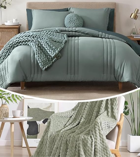 Monbix 7 Piece Comforter Sets and Fleece Throw Blanket Bundle