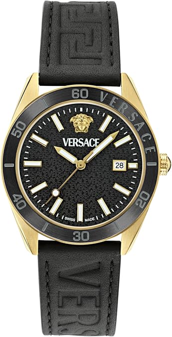 Versace V-Dome Collection Luxury Mens Watch Timepieces with a Black Strap and Dial Featuring a Gold Case