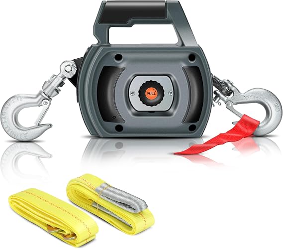 Portable Drill Winch of 1500 LB, Grey Handheld Drill Winch with 40 Foot Synthetic Rope, Rotate The Hook 360 Degrees, for Lifting & Dragging (Down Strap with D Rings)