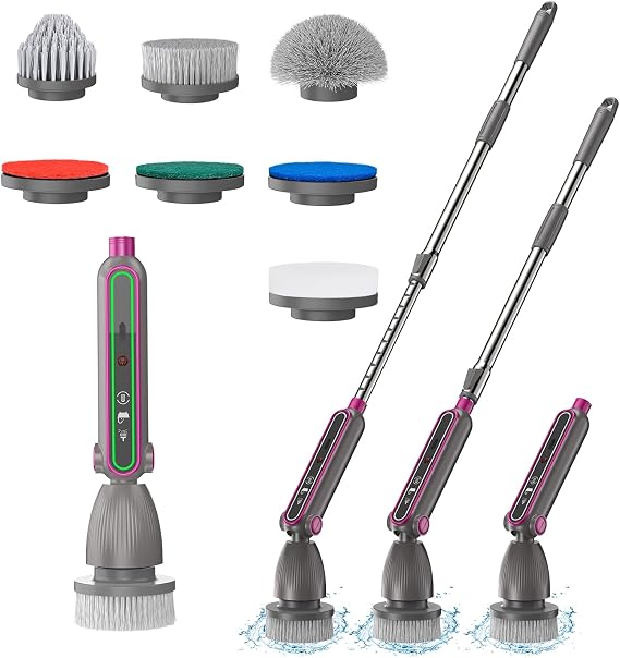 Electric Spin Scrubber,Quiet Bathroom Scrubber Cordless Cleaning Brush with Adjustable Brush Head Angle and Removable Long Handle,Pressure Sensitive Display,Dual Speeds,120Mins Work Time