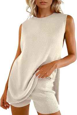 Wyeysyt Womens Summer Sweater Set Sleeveless Tunic Top and Shorts 2 Piece Outfits Beach Vacation Sets TracksuitsApricot-M, Medium