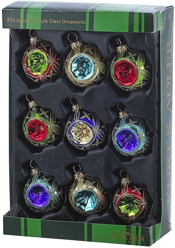 45MM Glass Multicolored Reflector Ornament Set, 9 Piece Set