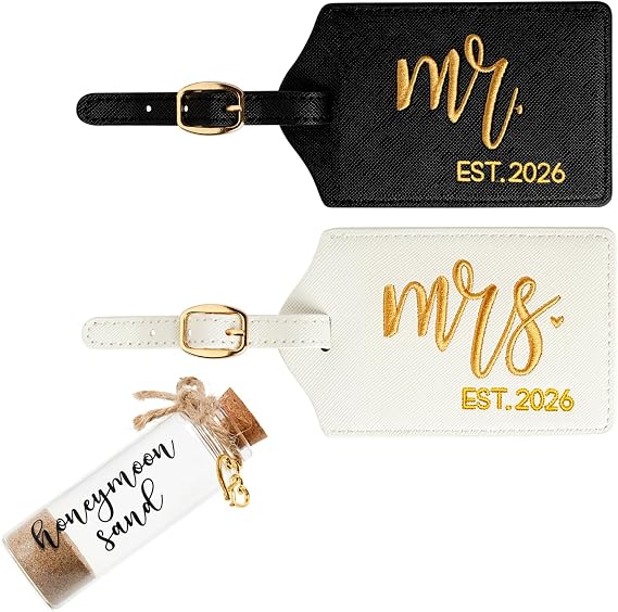 Mr. & Mrs. Luggage Tags & Honeymoon Beach Sand Keepsake Set, Wedding, Bridal Shower, Engagement Gifts for Couples (Black/White Gold Est 2026)