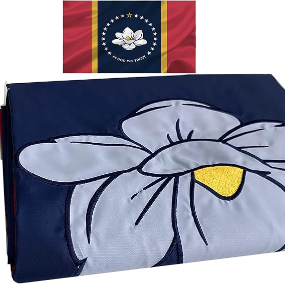 New Mississippi State Flag Embroidered 3x5 Outdoor Double Sided Heavy Duty in God We Trust MS Magnolia Sate Flags Banner for Outside with 2 Brass Grommets Vivid Colors Waterproof