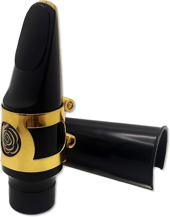 Alto Saxophone Mouthpiece Kit with Ligature, One Reed, and Plastic Cap (Black with Gold Ligature 4C) for Sax in the key of Eb