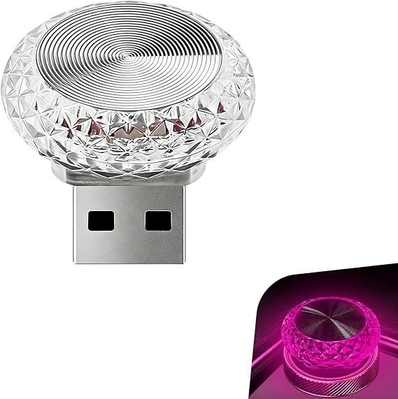 1 PC Mini USB LED Car Atmosphere Lamp, Round Crystal Plug-and-Play Car Ambient Light, Portable Personalized Auto Interior Decor Night Light, Universal for Most Cars, SUVs (Purple)