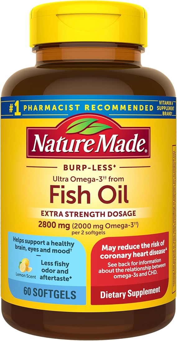 Nature Made Extra Strength Dosage Omega 3 Fish Oil Supplement, 60 Softgels | Fish Oil Omega 3 Supplements as Ethyl Esters for Healthy Heart, Brain, Eye, Mood Support 2800mg per 2 Softgels, 30 Day Supply