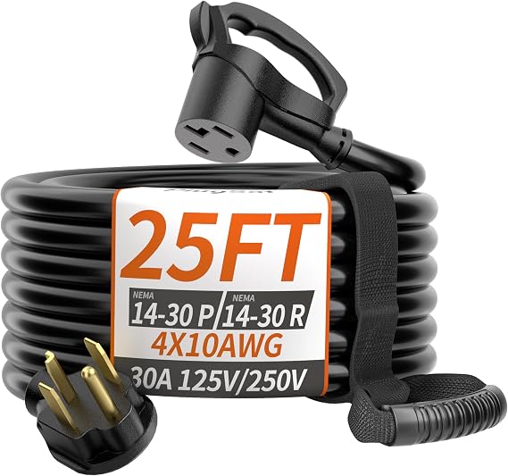 Plugsaf 30 AMP 4 Prong Dryer Cord 25 FT Outdoor Black, 10/4 Gauge Dryer Extension Cord Heavy Duty, NEMA 14-30P to 14-30R EV Charging, 125V/250V STW 10 Gauge ETL Listed