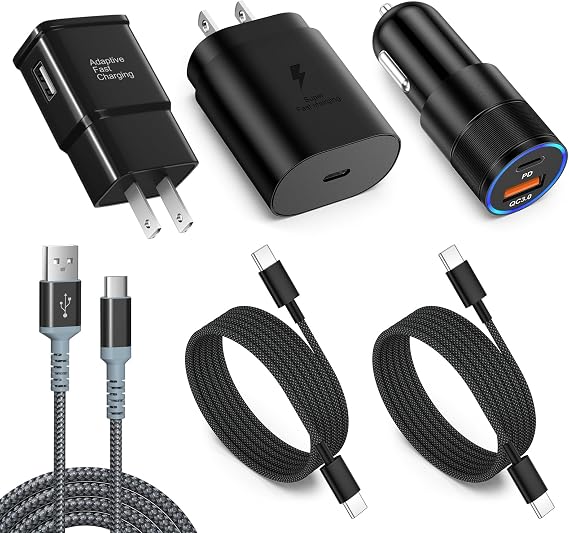 Adaptive Fast Charging Wall Charger, 25W Super Fast Wall Charger, Dual Ports Car Charger Set with Cables for Galaxy Phones All Series