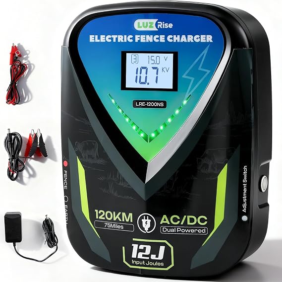 12J Electric Fence Charger AC DC 2 in 1 Powered Supply Fence Controller Fence Energizer Electric, IPX6 Level Waterproof, Peak Voltage 10KV, Max 120KM Range for Livestock/Farmland/Garden (12J)