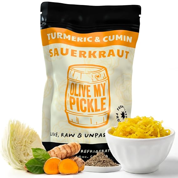 Olive My Pickle Fermented Sauerkraut - 16 Ounces | 1-Pack Bundle of Probiotic Turmeric and Cumin Sauerkraut with Natural Probiotics for Gut Health - Great for Sandwiches, Salads, Asian Dishes, and Meat