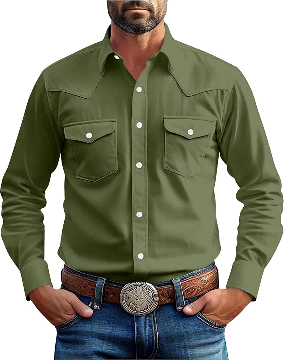 Western Cowboy Shirts for Men Long Sleeve Button Down Cotton Work Shirt Casual Jacket Tops with Pockets