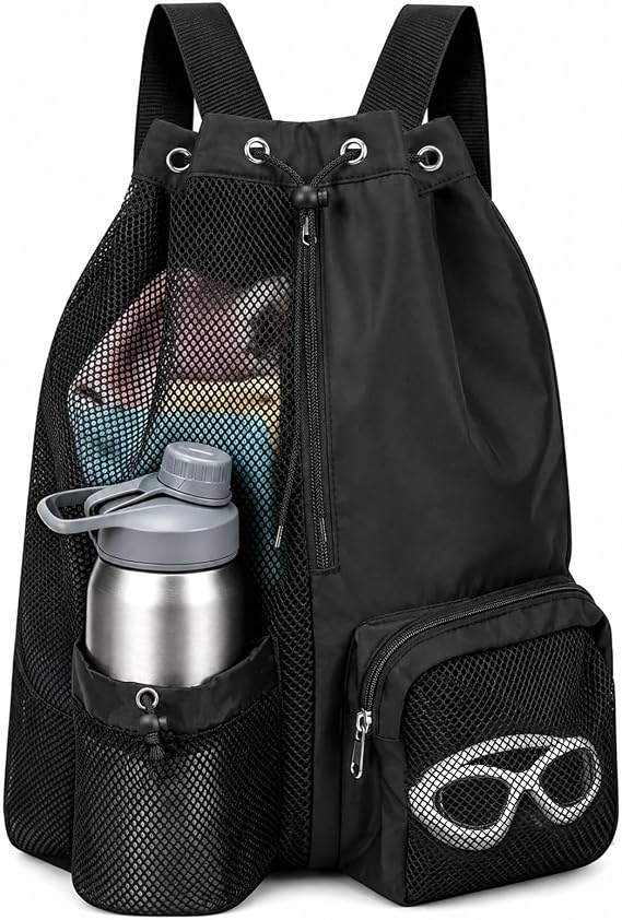 Mesh Swim Bag, Mesh Beach Drawstring Backpack for Pool, Gym & Beach(Black)