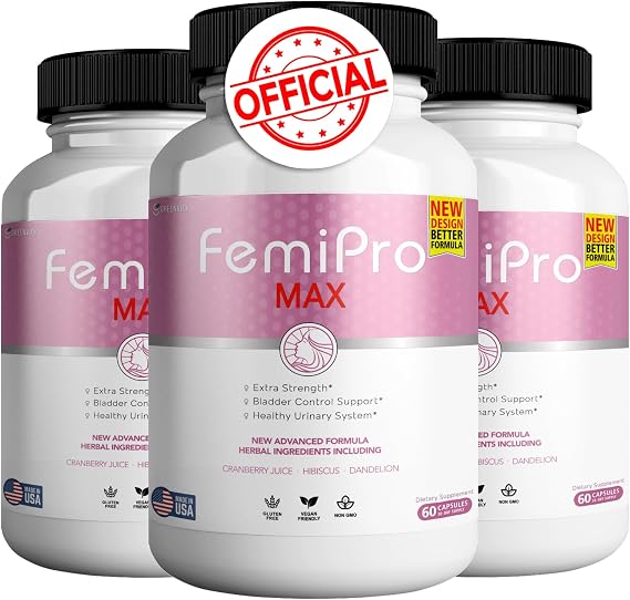 FemiPro MAX Women's Urinary Support Supplement, 60 Capsules, Extra Strength Bladder Control with Cranberry, Hibiscus, Dandelion, Vegan, Gluten Free (3)